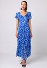 Flutter Sleeve A-Line Dress with Tie Back in Blue Print