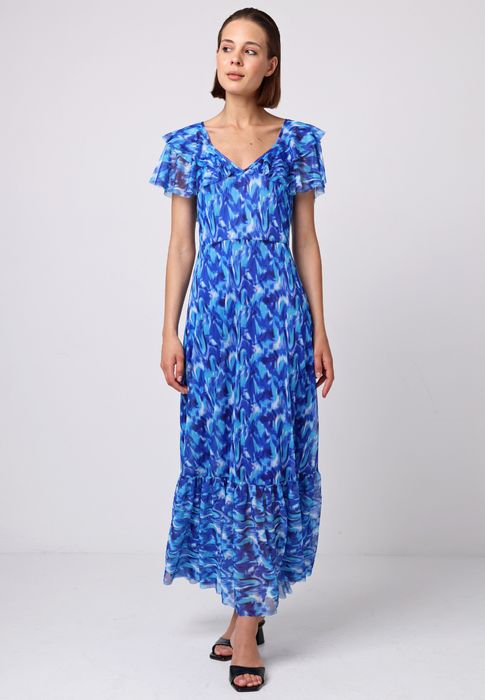 Flutter Sleeve A-Line Dress with Tie Back in Blue Print