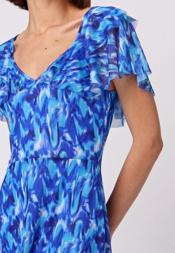 Flutter Sleeve A-Line Dress with Tie Back in Blue Print