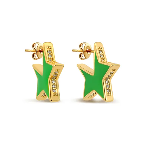 Neon Green Enamel Star Earrings  with Cubic Zirconia Edge
