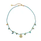 Blue Amazon Stone Coin & Charm Plaited Cord Necklace