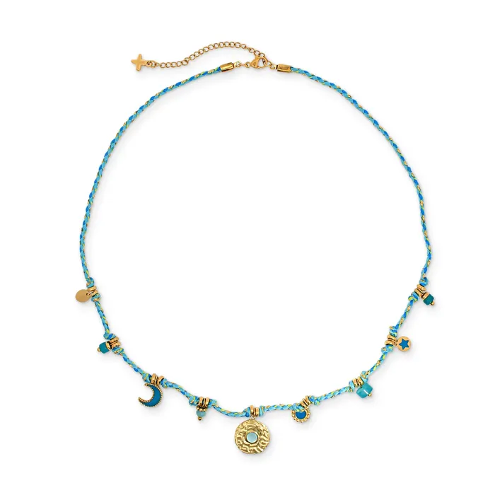Blue Amazon Stone Coin & Charm Plaited Cord Necklace