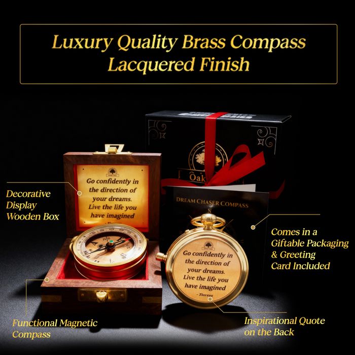 The Dream Chaser Compass in Wooden Box - Graduation Inspirational, Motivational Gift