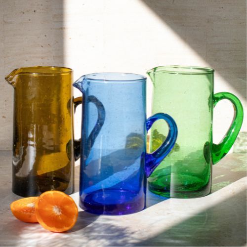 Handblown Moroccan Glass Jugs in Amber Blue and Green