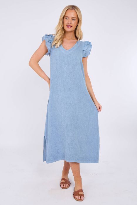 WASHED LINEN FRILL SLEEVE SIDE POCKET DRESS
