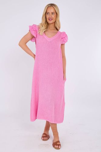 WASHED LINEN FRILL SLEEVE SIDE POCKET DRESS