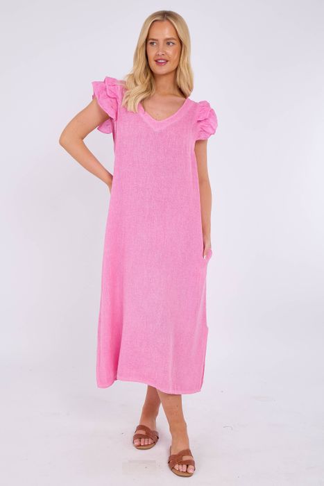 WASHED LINEN FRILL SLEEVE SIDE POCKET DRESS