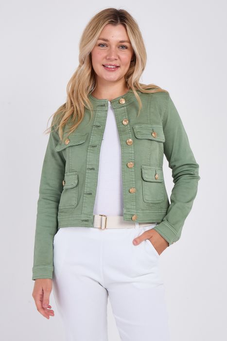 GOLD BUTTON FRONT POCKETS ROUND NECK DENIM STRETCH JACKET