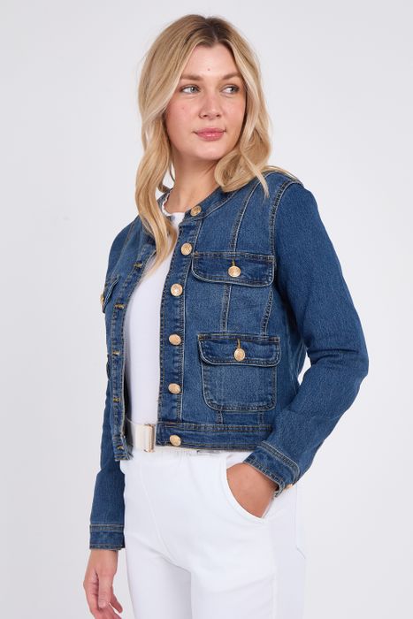 GOLD BUTTON FRONT POCKETS ROUND NECK DENIM STRETCH JACKET