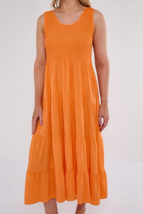 SHIRRED TIERED MIDI DRESS