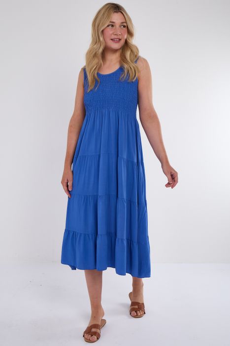 SHIRRED TIERED MIDI DRESS
