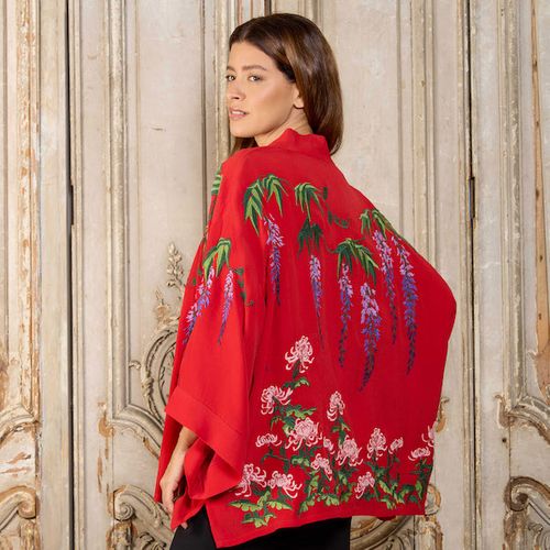 Vintage Wisteria & Peony embroidered Short Red Kimono