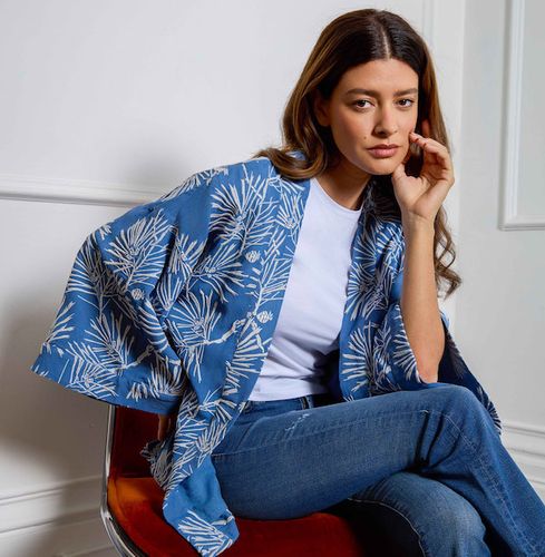 Ivory Embroidered Japanese Pine Needs on Blue Short Kimono