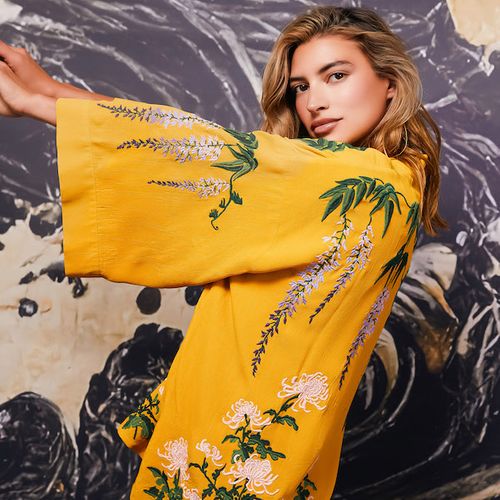 Vintage Wisteria & Peony embroidered Short Mustard Kimono