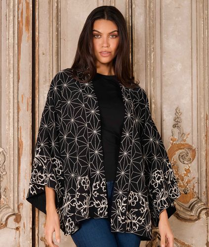 Asanoha & Peonies Black & Ivory Embroidered Short Kimono