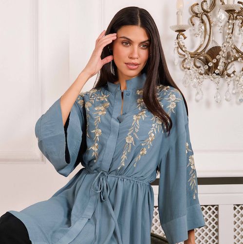 Japanese Blossoms Champagne Metallic Embroidered Selene Dress