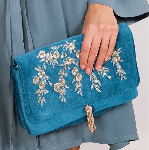 Japanese Blossoms Metallic Embroidered Velvet Clutch Bag