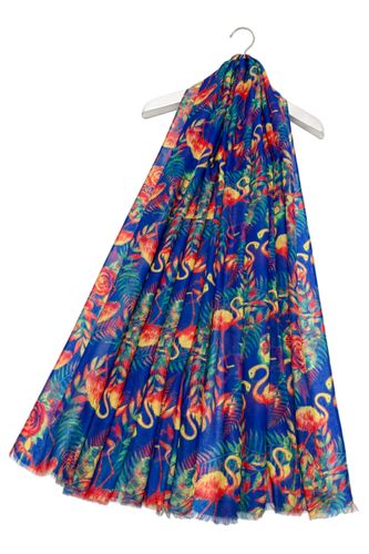 Tropical Flamingo & Floral Print Frayed Scarf