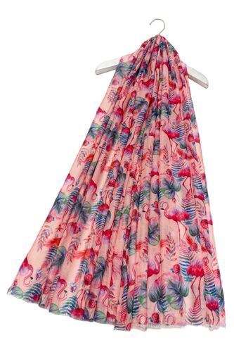Tropical Flamingo & Heart Print Frayed Scarf