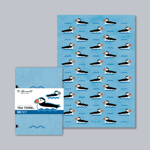 Puffins On The Waves Tea Towel