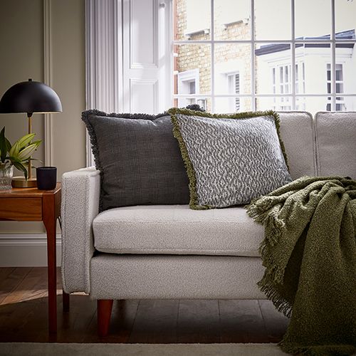Bedeck of Belfast Charcoal & Olive cushion and throws