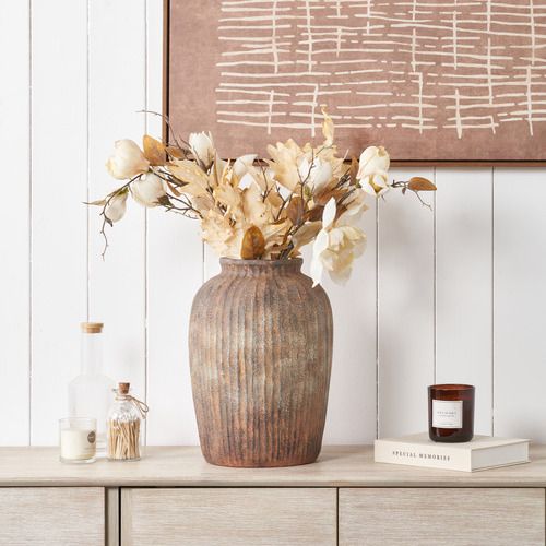 Rustic Brown Fibrestone Vertical Ribbed Decorative Vase Tall