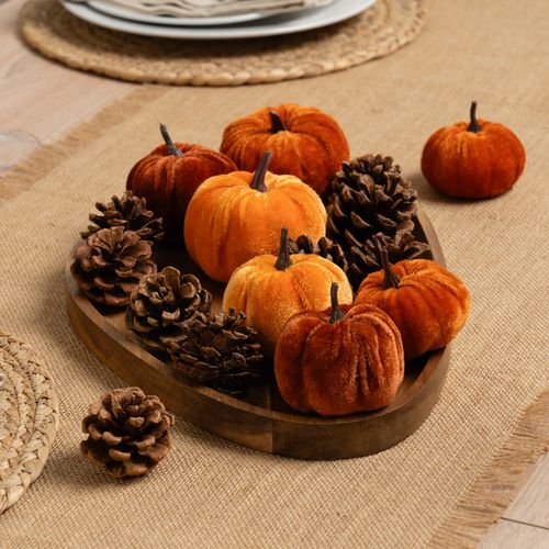 Set of decorative velvet pumpkins & pinecones