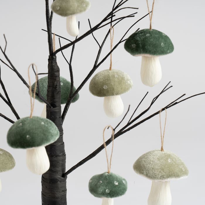 10pc Green Tone Hanging Toadstools with black twig tree