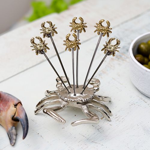 Set of Six Crab Olive Picks with Holder
