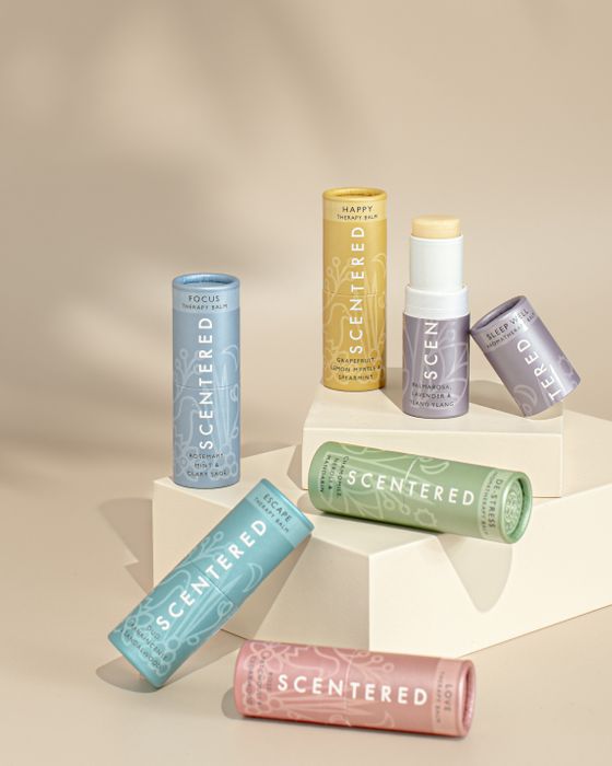 Part of Scentered Gift Tin range of portable, multi-use wellbeing pulse point balms with retail ready display unit.