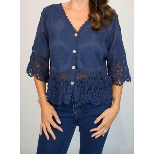 Crochet trim embroidered cotton blouse