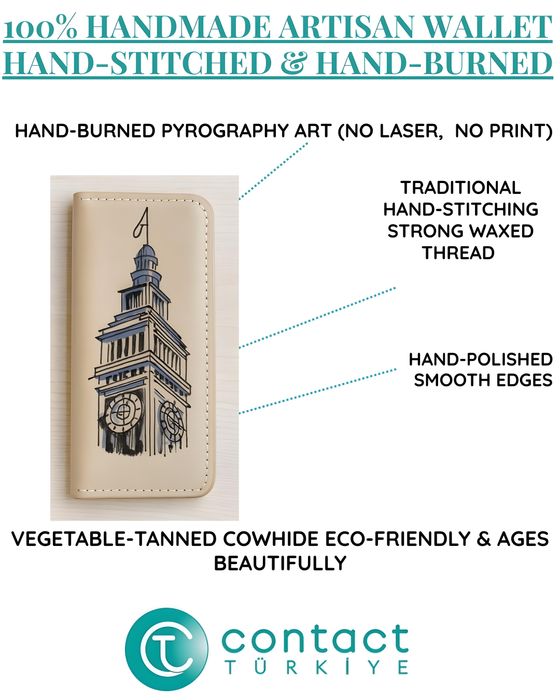 Hand-Burned Big Ben Leather Long Wallet - Hand-Stitched Pyrography Purse - UK Local Shipping No Tax