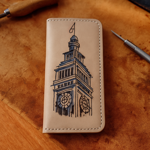 Hand-Burned Big Ben Leather Long Wallet - Hand-Stitched Pyrography Purse - UK Local Shipping No Tax