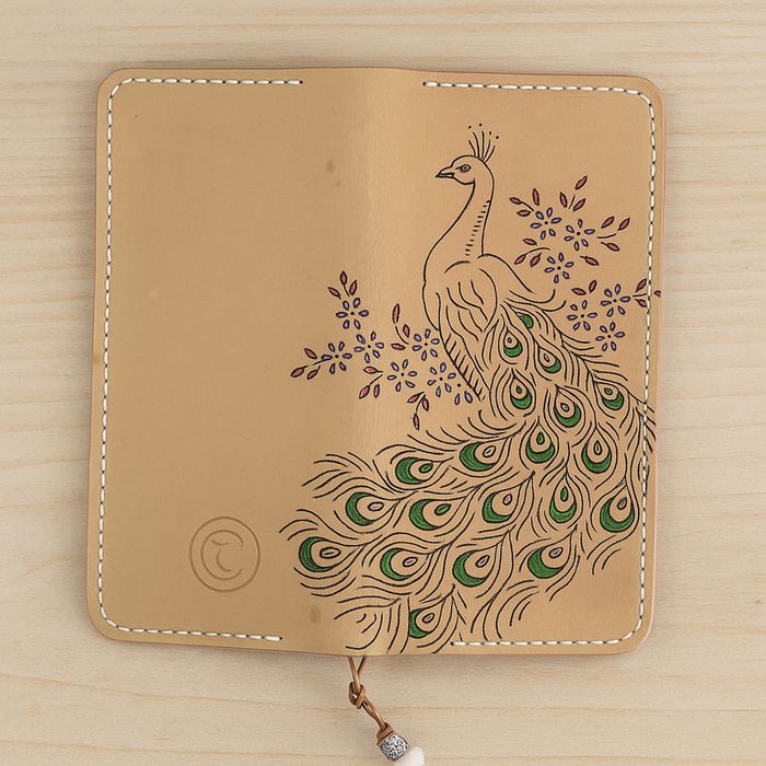 Artisan Peacock Hand-Burned Leather Long Wallet - Bespoke Wildlife Design - UK Local Shipping No Duty