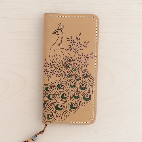 Artisan Peacock Hand-Burned Leather Long Wallet - Bespoke Wildlife Design - UK Local Shipping No Duty