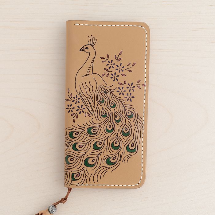 Artisan Peacock Hand-Burned Leather Long Wallet - Bespoke Wildlife Design - UK Local Shipping No Duty