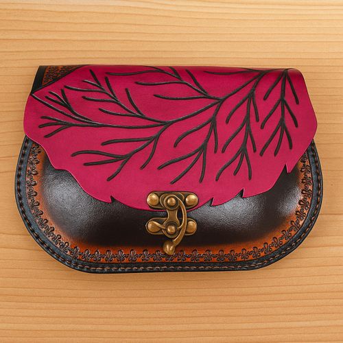 Hand-Tooled Leather Leaf Crossbody - Botanical Artisan Satchel - UK Local Shipping No Duty