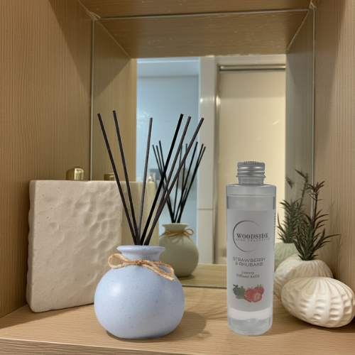 Woodside Pastel Blue Round Ceramic Reed Diffuser Vase with Woodside Luxury Refill - Strawberry & Rhubarb