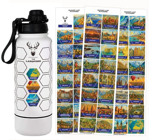 European Bucket List Water Bottle with Waterproof Euro Trip Stickers