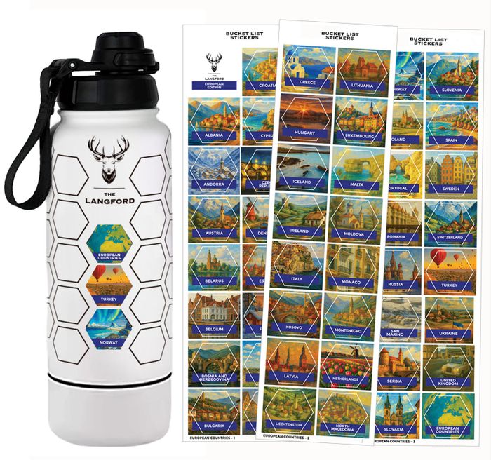 European Bucket List Water Bottle with Waterproof Euro Trip Stickers. Insulated World Travel Water Bottle. 32oz Stainless Steel 946ml - With Bottom Compartment.