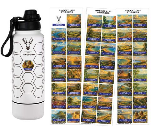 UK Landscapes Bucket List Water Bottle with Waterproof Stickers. Gift for Hikers. Insulated World Travel Water Bottle. 32oz Stainless Steel 946ml - With Bottom Compartment.