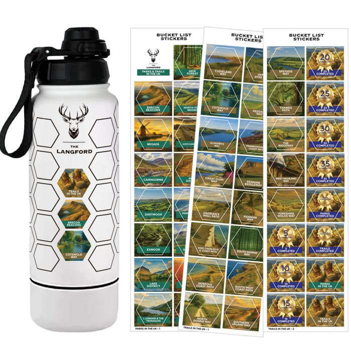 UK Parks & UK Trails Tracker Bucket List Water Bottle Tracker with Waterproof Stickers. Insulated World Travel Water Bottle. 32oz Stainless Steel 946ml - With Bottom Compartment.