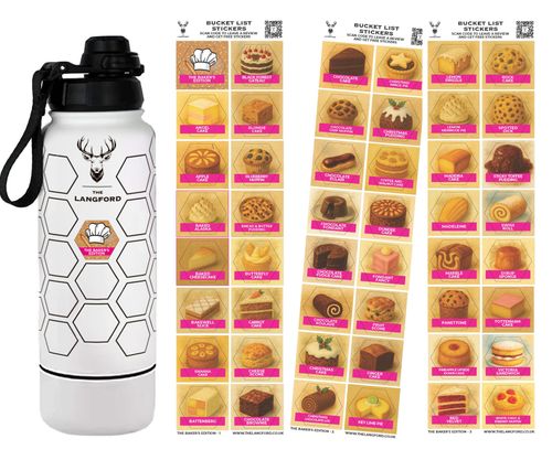 Baking Bucket List Bottle The Langford Baking Edition – Insulated Water Bottle + 47 Stickers & Hidden Compartment, Keeps Drinks Cold 24h/Hot 12h, Baking Gift Tracker Bottle