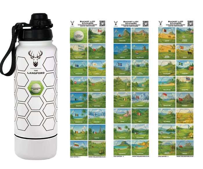Golf Edition Bucket List Bottle - 47 Waterproof Worldwide Trip Stickers, Insulated World Travel Water Bottle. 32oz Stainless Steel 946ml - With Bottom Compartment.
