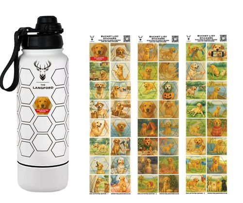 Dog Activites Bucket List Bottle with Waterproof Stickers. Insulated World Travel Water Bottle. 32oz Stainless Steel 946ml - With Bottom Compartment.