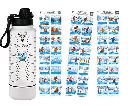 Snow Edition Bucket List Bottle For Skiers and Snow Boarders - Insulated Water Bottle + 47 Stickers & Hidden Compartment, Keeps Drinks Cold 24h/Hot 12h, Baking Gift Tracker Bottle