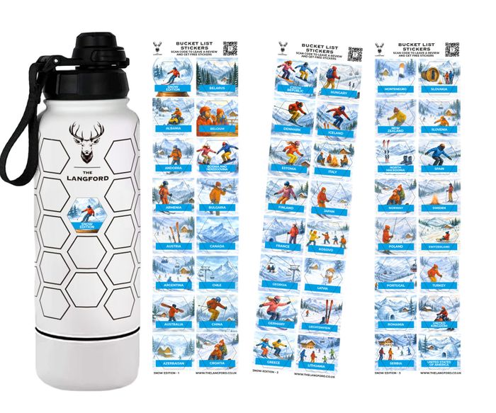 Snow Edition Bucket List Bottle For Skiers and Snow Boarders - Insulated Water Bottle + 47 Stickers & Hidden Compartment, Keeps Drinks Cold 24h/Hot 12h, Baking Gift Tracker Bottle