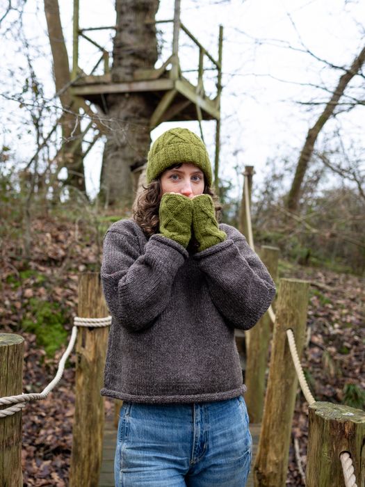 Wool sweater with cable knit woollen hat and wool handwarmers