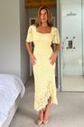 Heidi Yellow Lace Ruched Midi Dress
