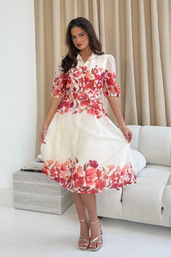 Holland Cream and Pink Floral Collar Midi Dress